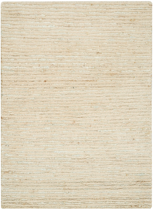 Beige textured loop-pile rug with subtle cream and tan horizontal stripes, neutral rectangular accent for living spaces.