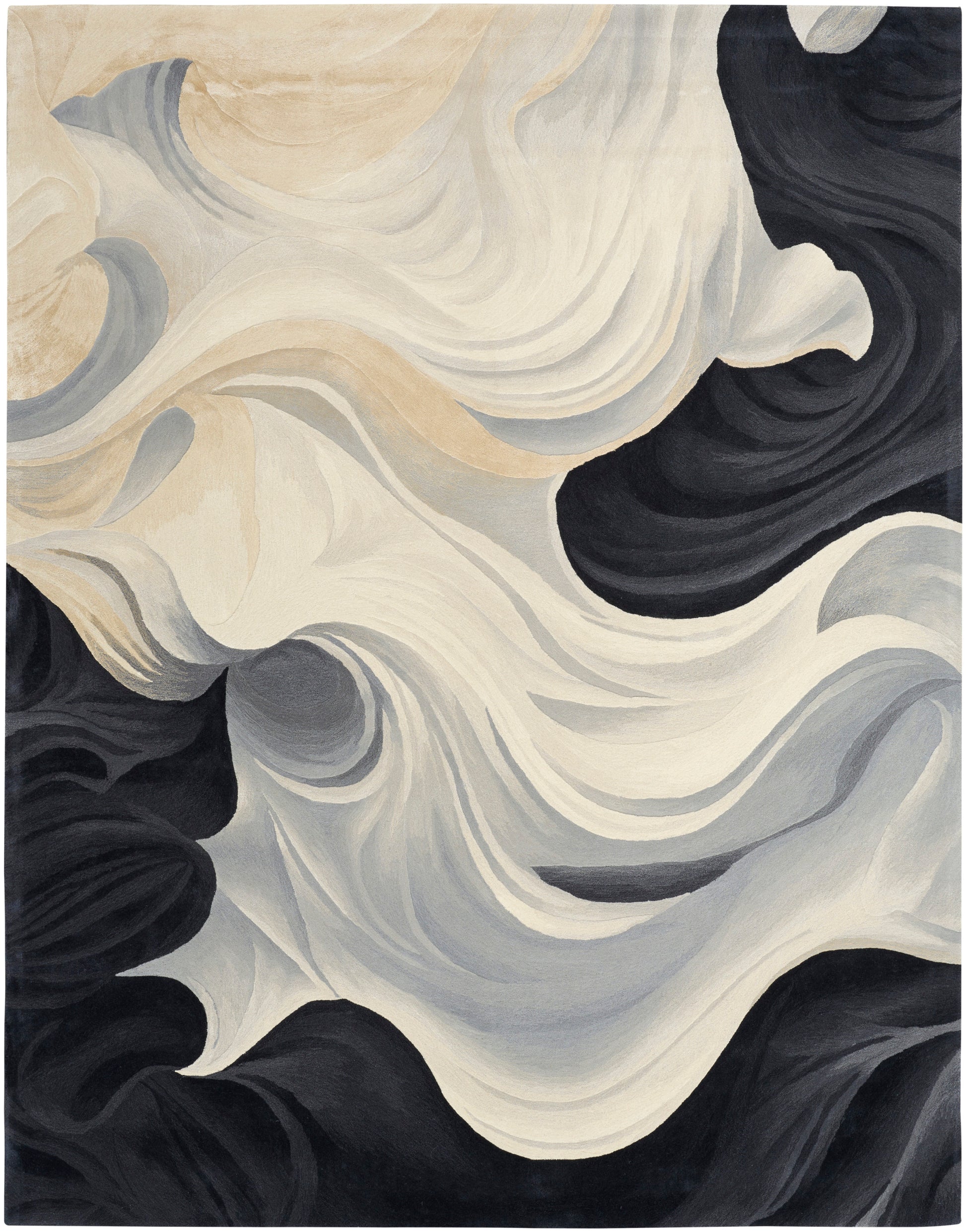 Abstract swirl pattern in cream, beige, gray and black; flowing curves on a soft textile rug for modern decor.