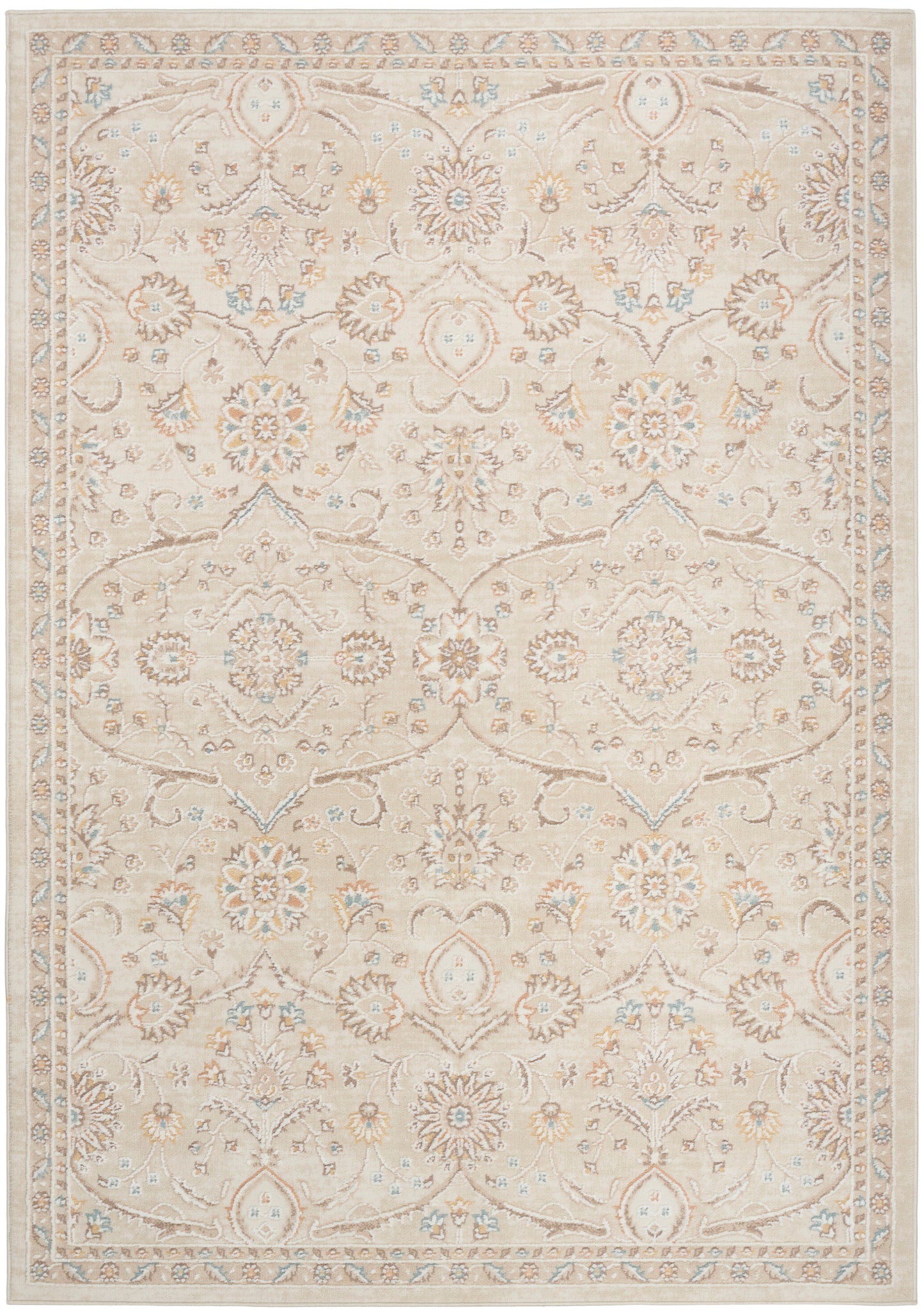 Cream-beige traditional area rug with pale blue and peach floral motifs and scrolling border.