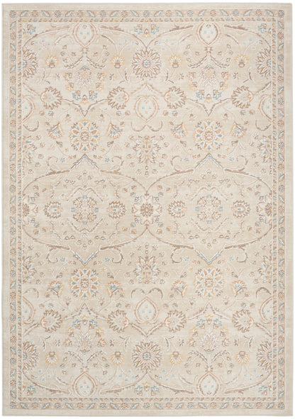 Cream-beige traditional area rug with pale blue and peach floral motifs and scrolling border.