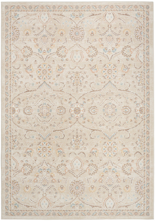 Cream-beige traditional area rug with pale blue and peach floral motifs and scrolling border.