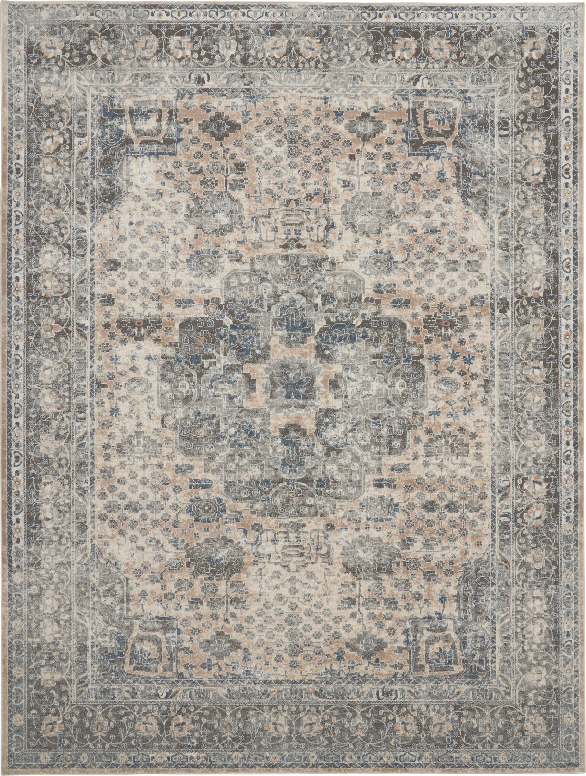 Persian-style area rug with ivory-beige base, blue-gray central medallion, and ornate distressed border.