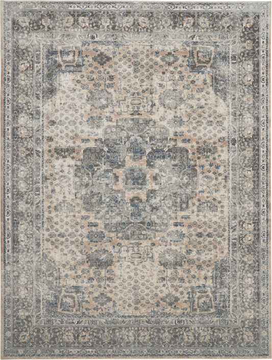 Persian-style area rug with ivory-beige base, blue-gray central medallion, and ornate distressed border.