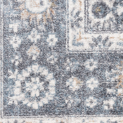 Blue-gray distressed floral runner with ivory cream motifs and ornate border for living room.