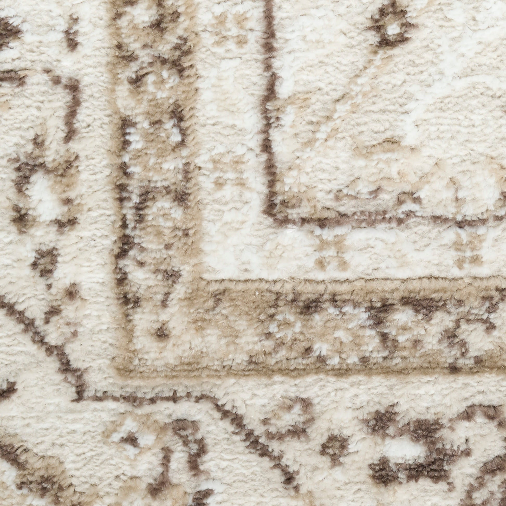 Close-up of a beige shag area rug with brown geometric border and soft plush pile.