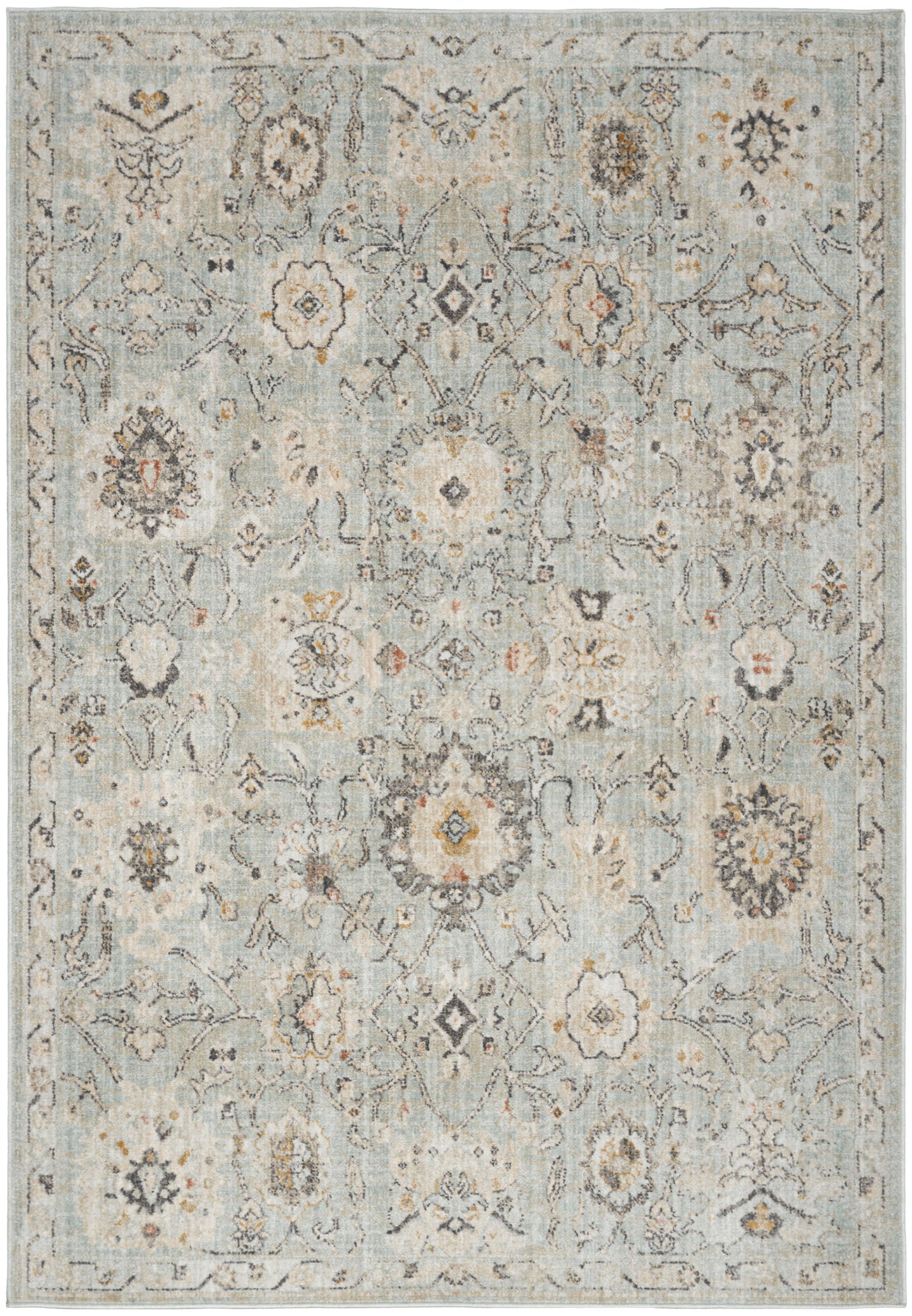 Distressed light-blue oriental rug with ivory & beige floral medallions and intricate borders.