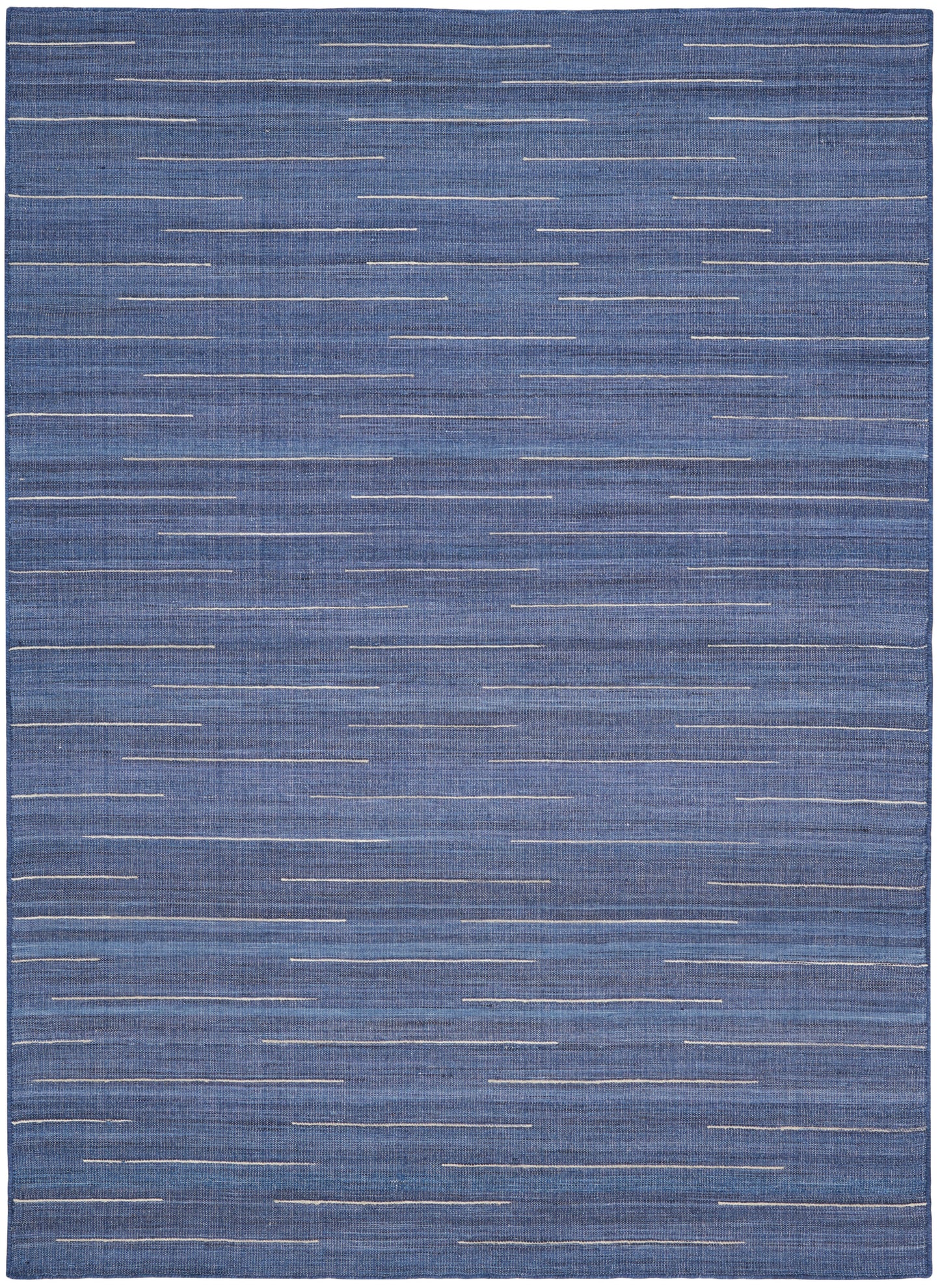 Blue textured rug with thin white horizontal dash lines; rectangular contemporary accent for living room.