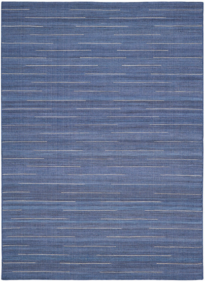 Blue textured rug with thin white horizontal dash lines; rectangular contemporary accent for living room.