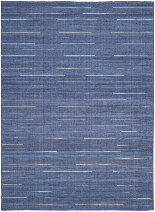 Blue textured rug with thin white horizontal dash lines; rectangular contemporary accent for living room.