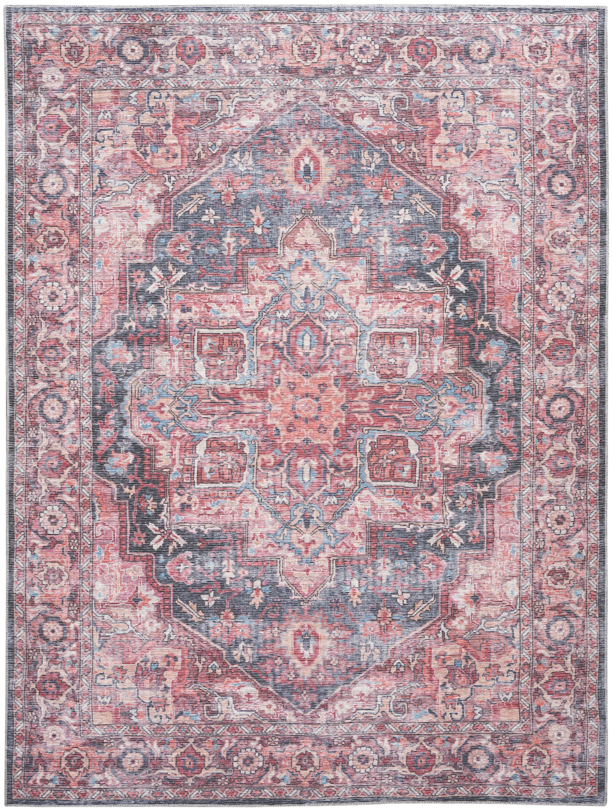 Rectangular Persian-style rug with pink, navy blue and ivory tones; central medallion and ornate floral border; ideal for living room decor.
