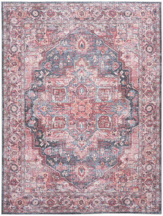 Rectangular Persian-style rug with pink, navy blue and ivory tones; central medallion and ornate floral border; ideal for living room decor.