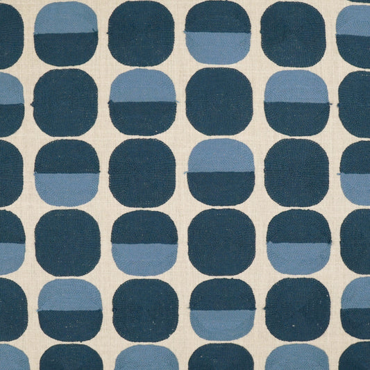 Two-tone blue rounded-square fabric pattern on beige background.