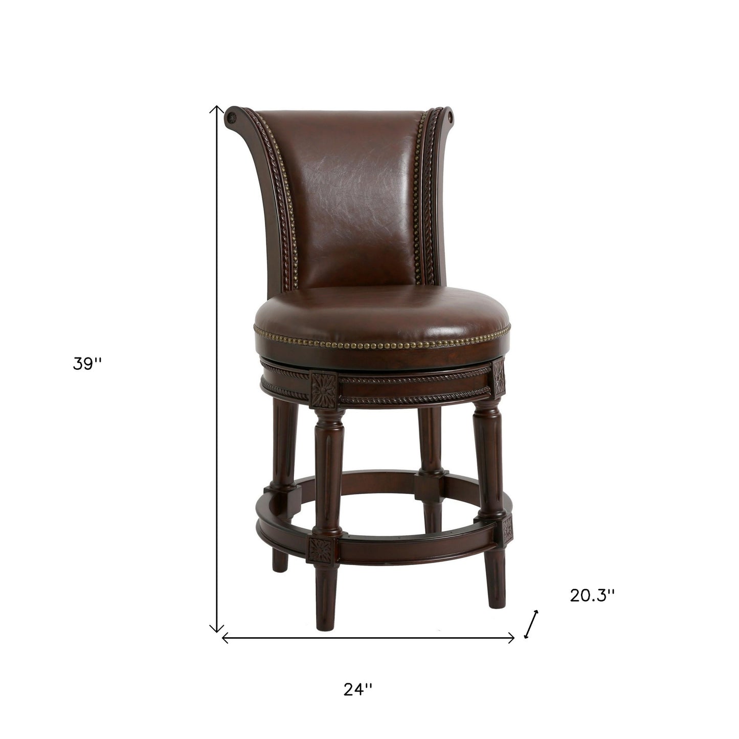 25" Dark Brown Faux Leather And Solid Wood Swivel Counter Height Bar Chair