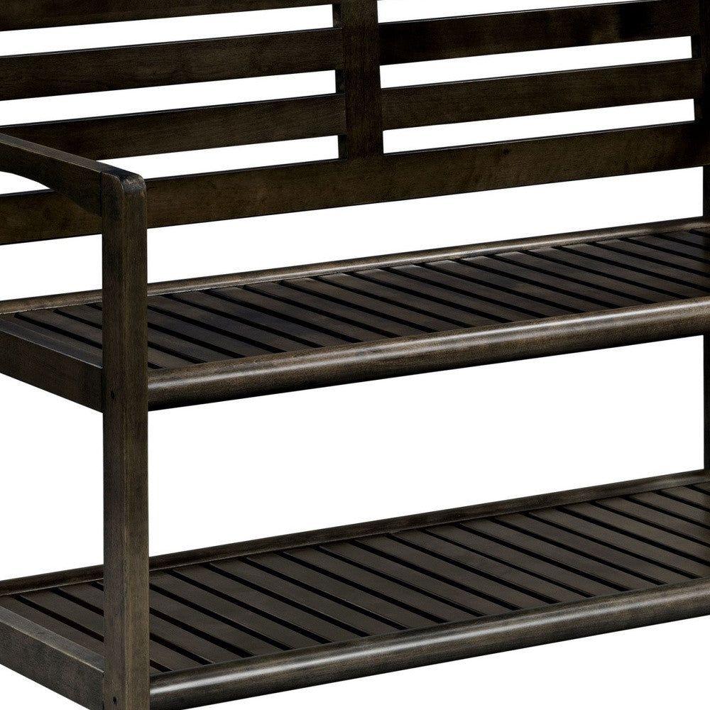Espresso Finish Solid Wood Slat Bench With High Back And Shelf