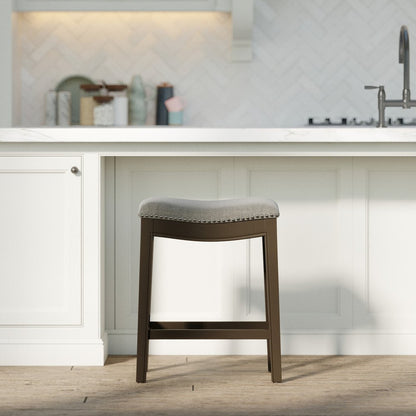 26" Gray and Brown Fabric and Solid Wood Backless Counter Height Bar Chair