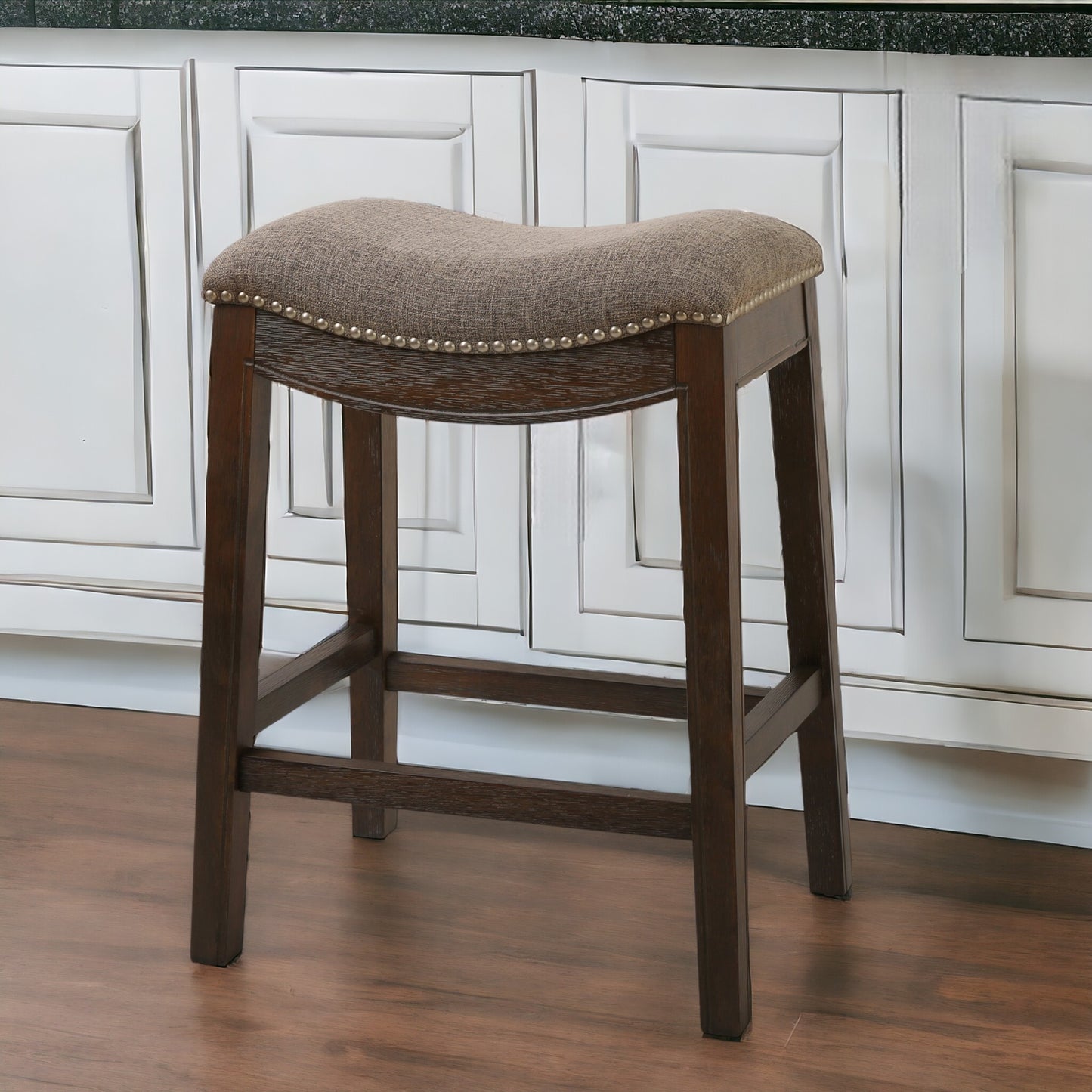 26" Gray And Wood Brown Fabric And Solid Wood Backless Counter Height Bar Chair