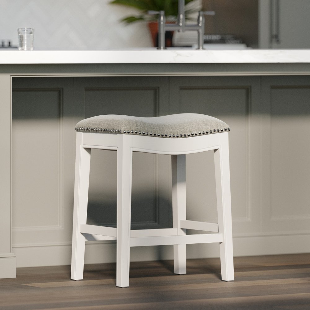 26" Gray And White Fabric And Solid Wood Backless Counter Height Bar Chair