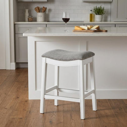 26" Gray and White Solid Wood and Linen Blend Backless Counter Height Bar Chair