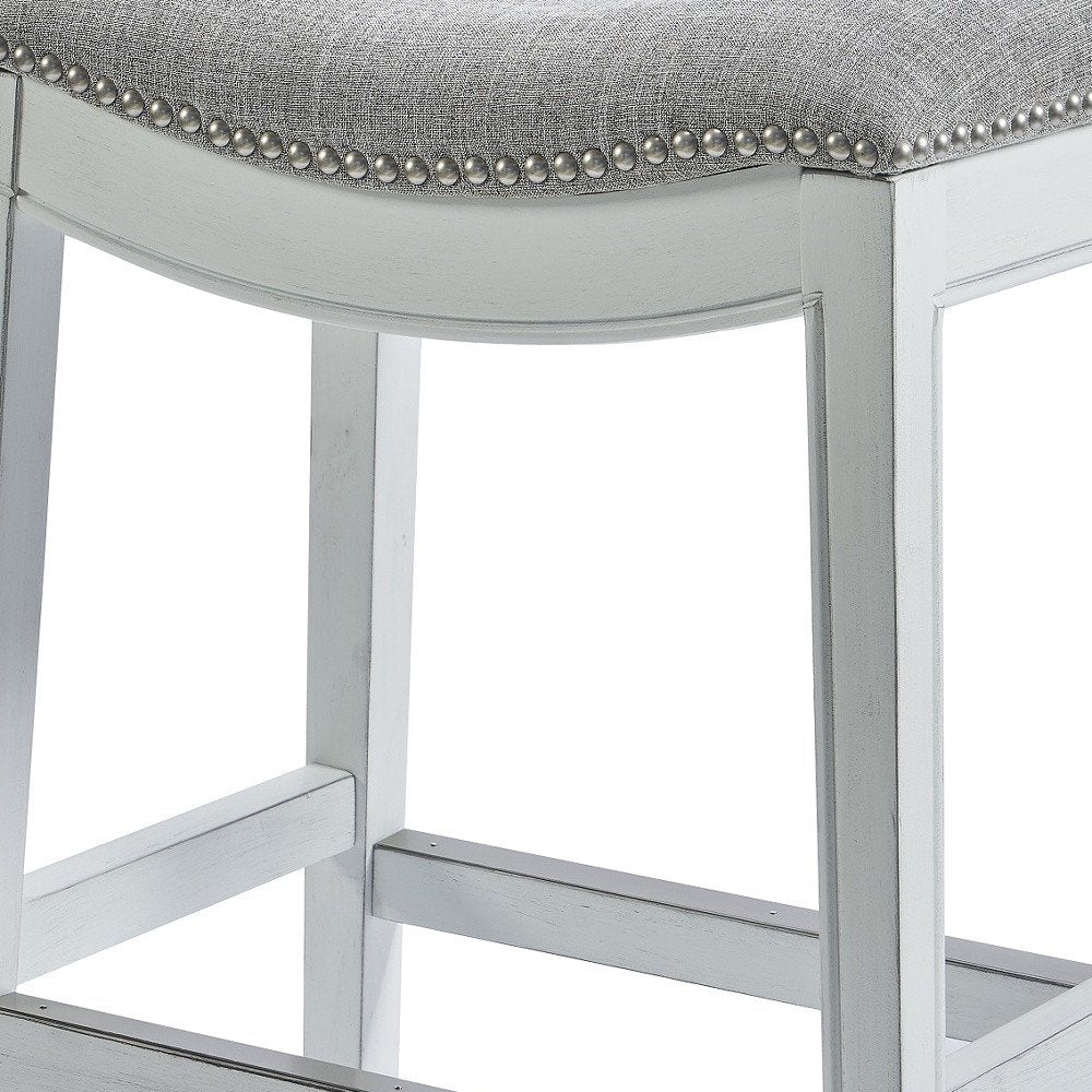26" Gray And White Fabric And Solid Wood Backless Counter Height Bar Chair