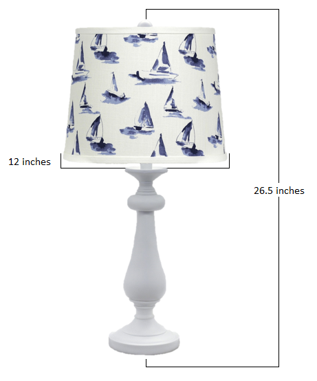 27" White Metal Cylinder Bedside Transportation Table Lamp With Blue and White Drum Shade