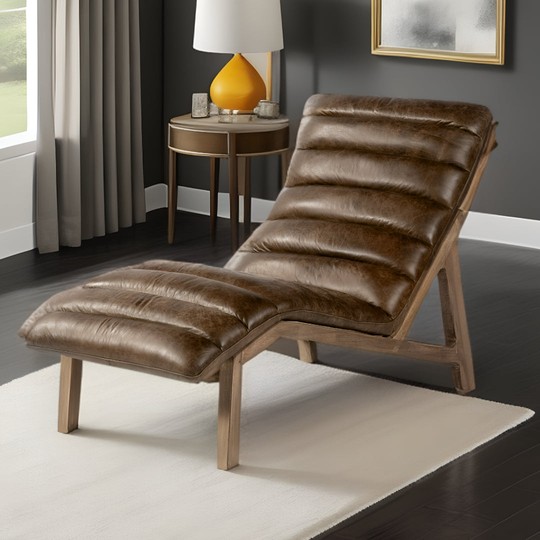 54" Brown And Wood Brown Genuine Leather Tufted Distressed Lounge Chair