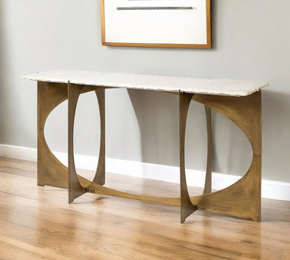 59" White and Gold Genuine Marble and Metal Geo Base Console Table