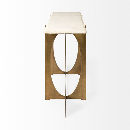 59" White and Gold Genuine Marble and Metal Geo Base Console Table