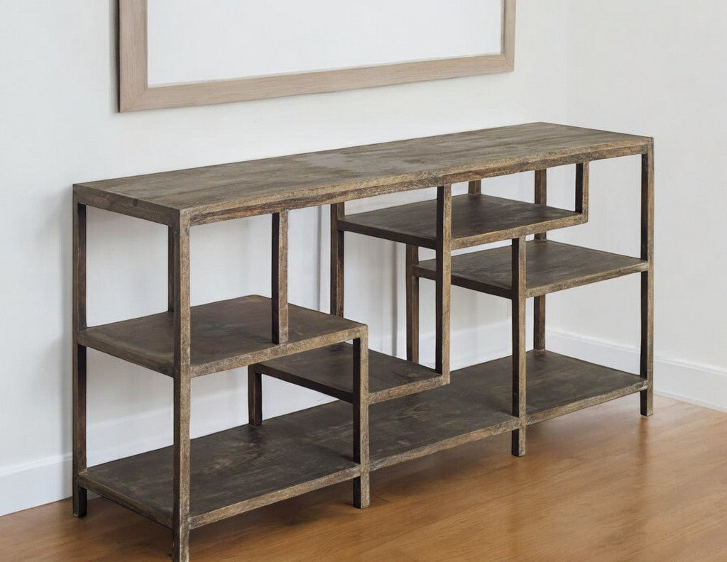 66" Brown Solid Wood Console Table With Shelves