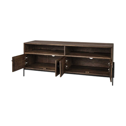 62" Brown and Black Solid Wood Cabinet Enclosed Storage TV Stand
