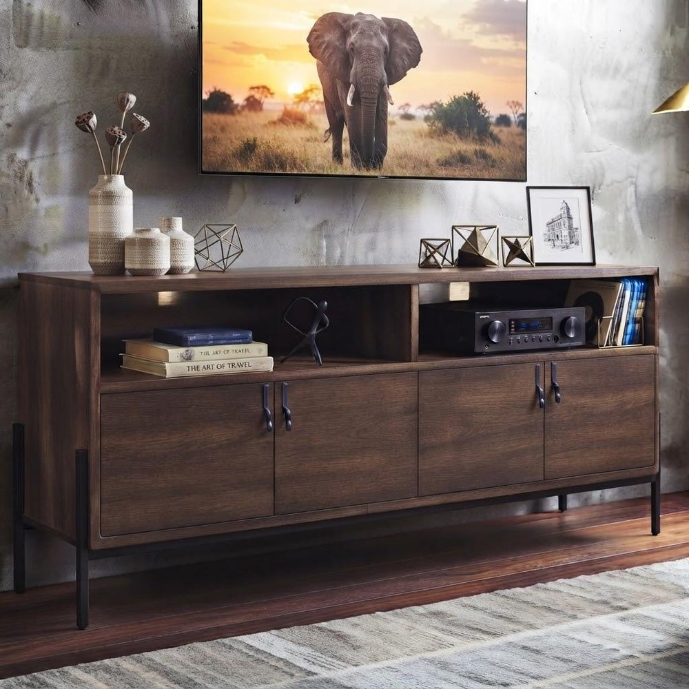 62" Brown and Black Solid Wood Cabinet Enclosed Storage TV Stand