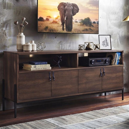 62" Brown and Black Solid Wood Cabinet Enclosed Storage TV Stand