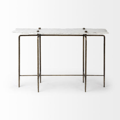49" White and Brass Genuine Marble and Iron Distressed Six Leg Console Table