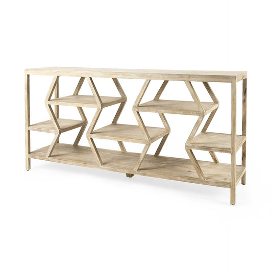 66" Light Brown Solid Wood Console Table Geometric Shelves