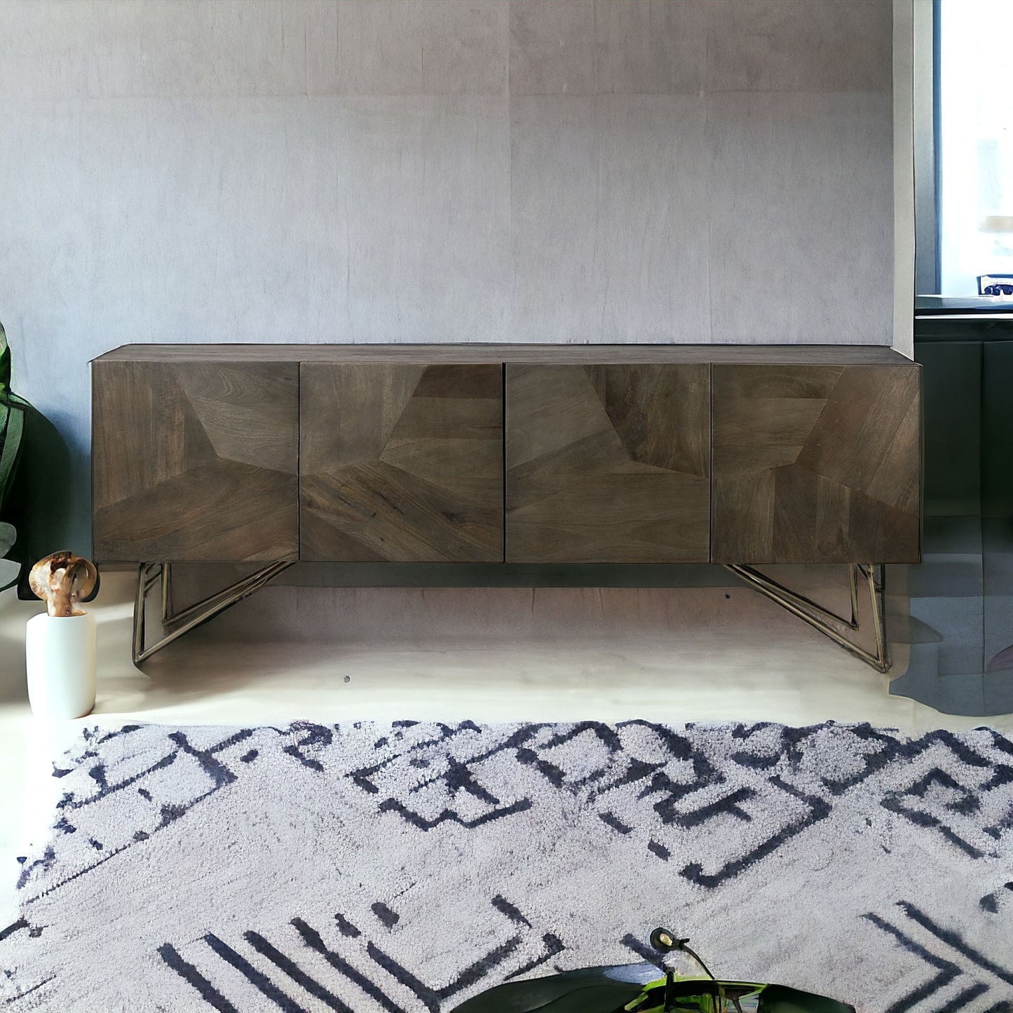 Dark Brown Solid Mango Wood Finish Sideboard With 4 Cabinet Doors