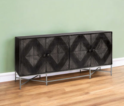 Black textured sideboard with four diamond-patterned doors, metal frame legs, modern storage console on wood floor.