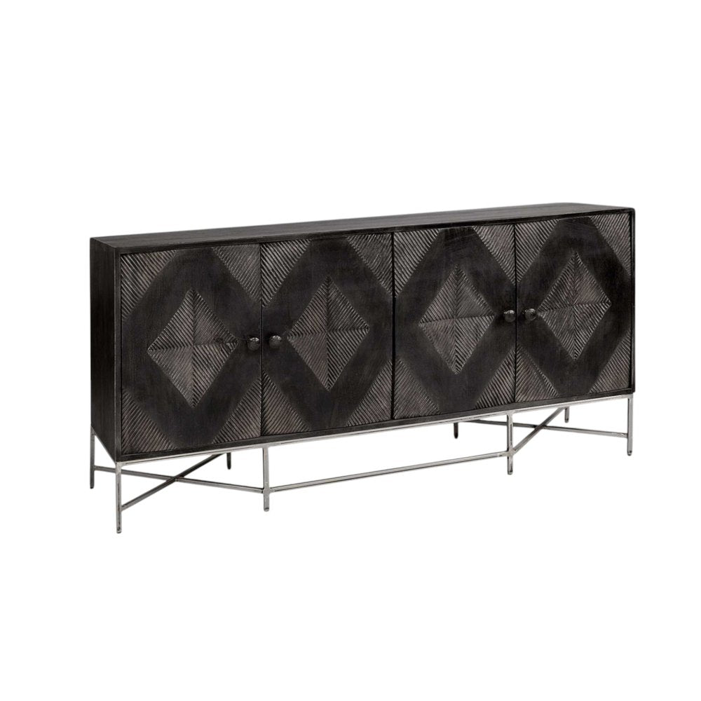 Black diamond-patterned front long sideboard with four doors and metal frame.