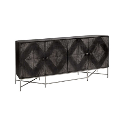 Black diamond-patterned front long sideboard with four doors and metal frame.