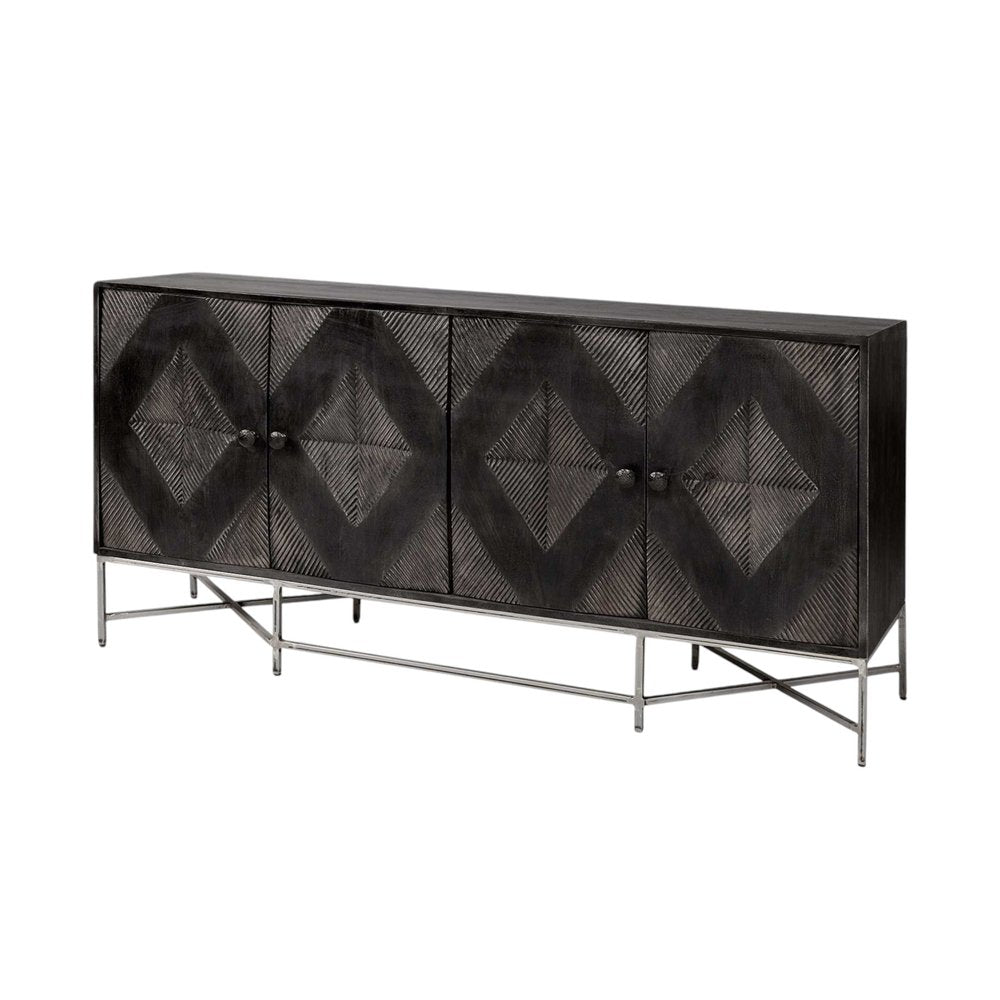 Dark wood sideboard with four diamond-patterned doors and slim metal base.