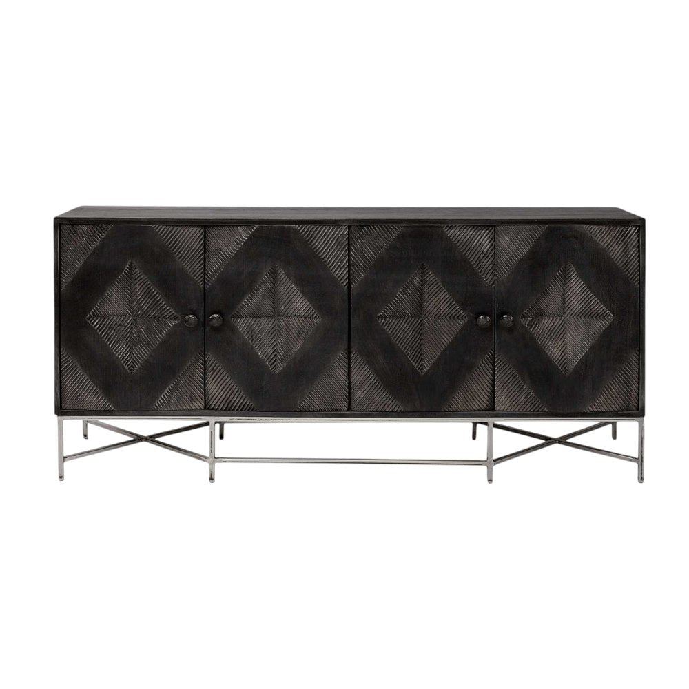 Dark storage sideboard with four diamond-pattern doors, round knobs, and metal X-frame legs.