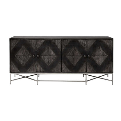 Dark storage sideboard with four diamond-pattern doors, round knobs, and metal X-frame legs.