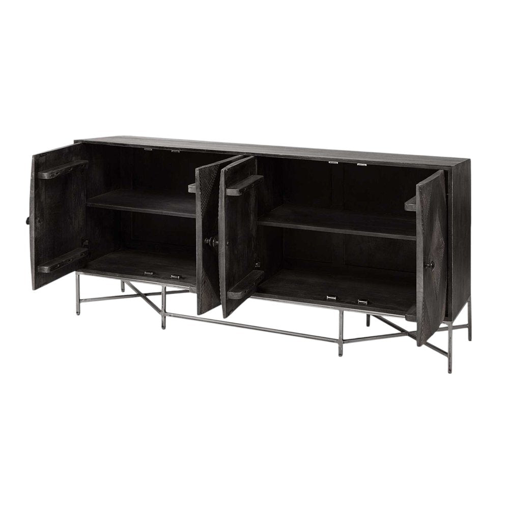 Dark wood media console with three cabinet compartments, metal framework base, doors open, industrial contemporary style.
