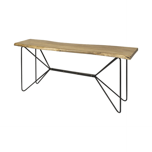 66" Natural and Black Solid Wood and Iron Abstract Base Console Table