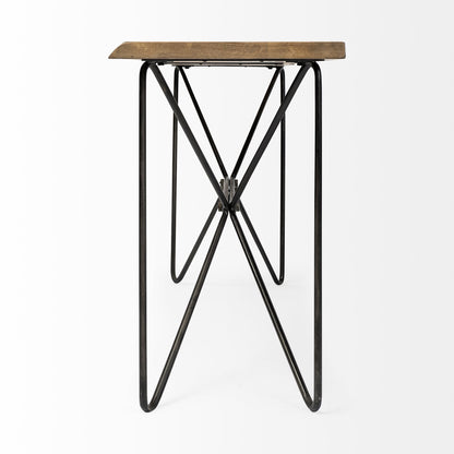 66" Natural and Black Solid Wood and Iron Abstract Base Console Table