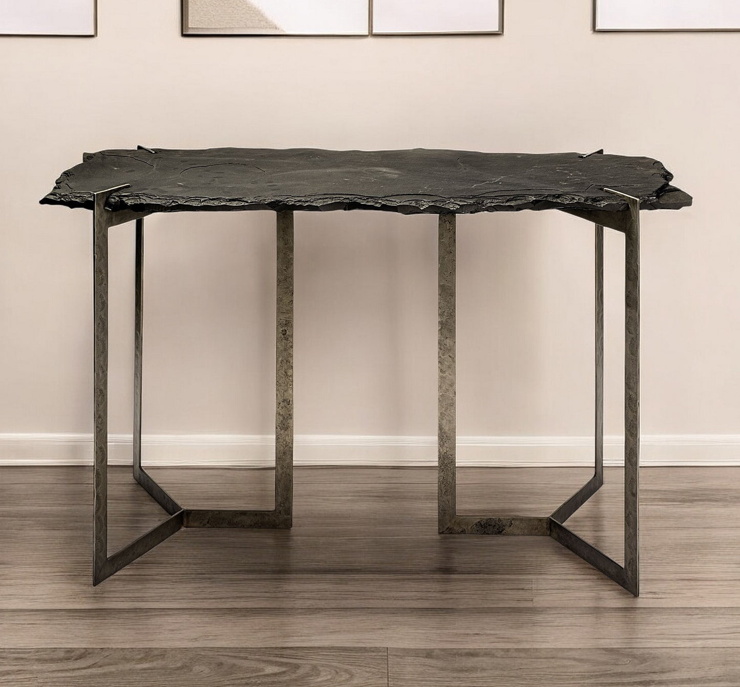 20" Black and Nickel Slate Distressed Double Pedestal Console Table