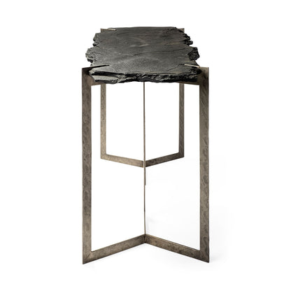 50" Black and Nickel Slate and Iron Distressed Double Pedestal Console Table