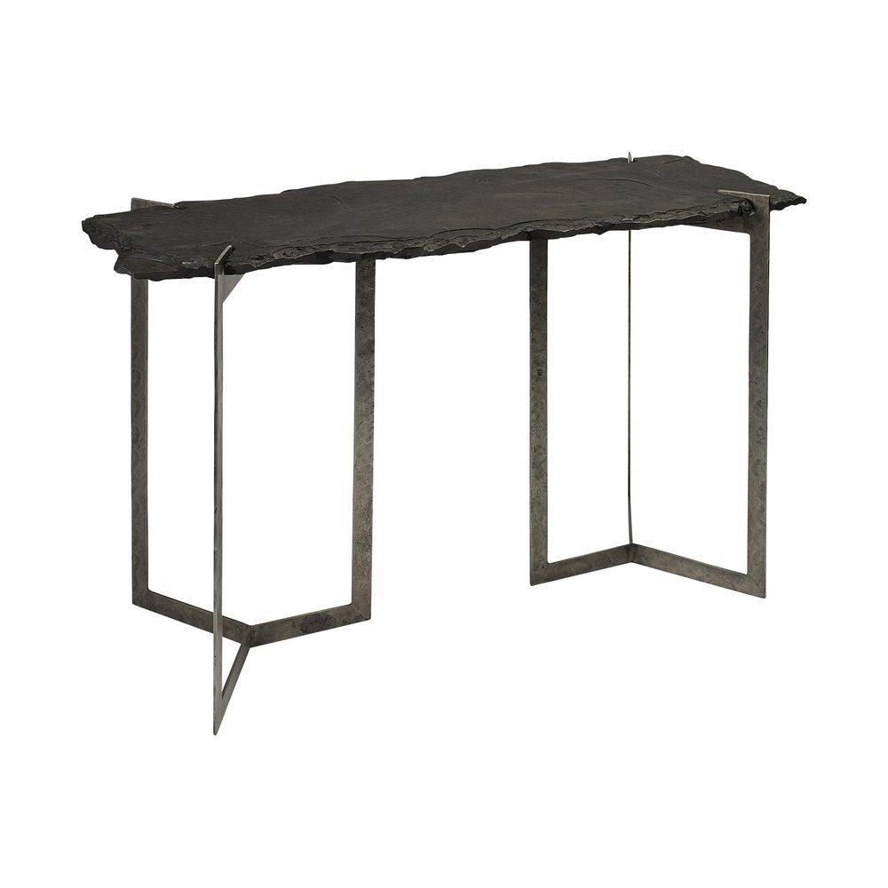 50" Black and Nickel Slate and Iron Distressed Double Pedestal Console Table