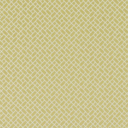 Pale yellow and cream lattice-weave upholstery fabric with an interlocking rectangular geometric pattern.