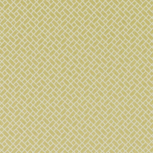 Pale yellow and cream lattice-weave upholstery fabric with an interlocking rectangular geometric pattern.