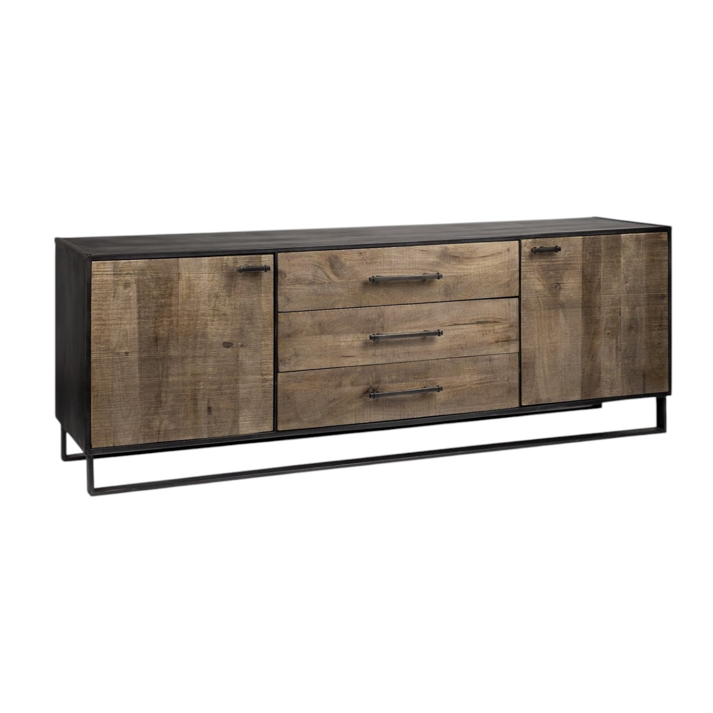 82" Brown and Black Solid Wood Three Drawer Sideboard with Two Doors