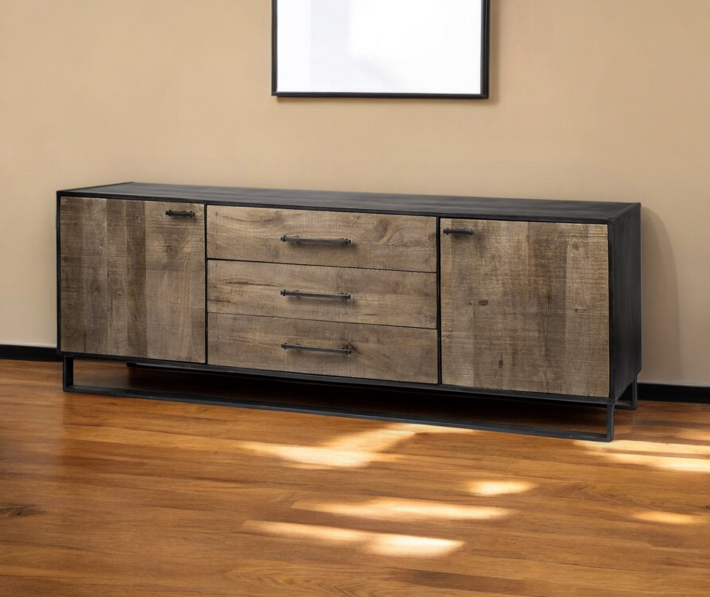 82" Brown and Black Solid Wood Three Drawer Sideboard with Two Doors